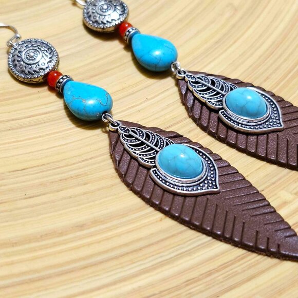 Artisan Earrings Southwestern Faux Leather Silver & Turquoise Feathers - Picture 8 of 9